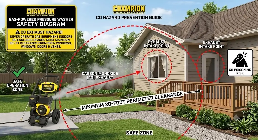 Outdoor safety diagram illustrating minimum 20-foot perimeter clearance for gas-powered pressure washer exhaust away from doors and open windows