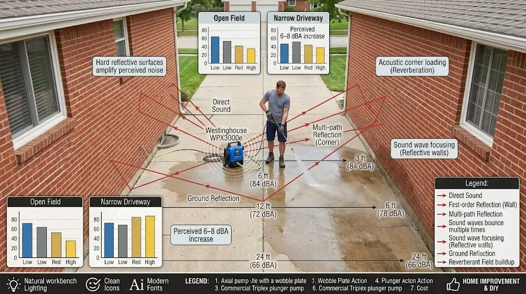 Are Pressure Washers Quiet? Noise Levels (dB) 4 Diagram showing sound wave reflections bouncing between residential brick walls in a narrow driveway