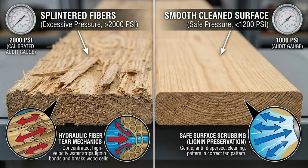 Close-up comparison of splintered wood fibers from high pressure vs smooth cleaned wood deck board