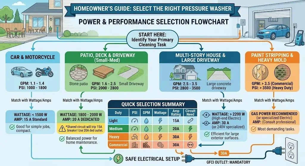 Pressure Washer Power Consumption: Watts, Amps & Costs | HomeGearMax 6 Decision logic flowchart helping homeowners select the correct pressure washer wattage, circuit breaker amperage, and GPM output