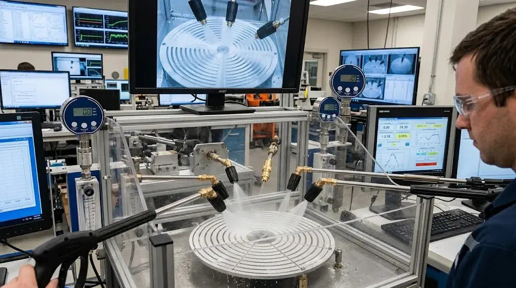 Lab bench testing pressure washer turbo nozzles with rotary spray pattern evaluation and digital pressure gauges