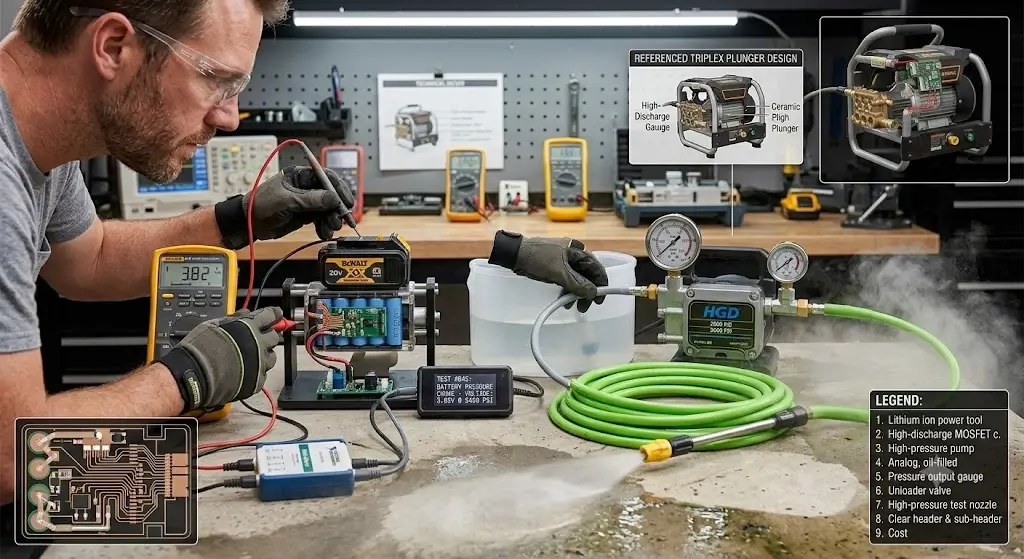 Technical bench test showing lithium-ion power tool batteries, digital multimeter testing voltage drop, and pressure output gauge