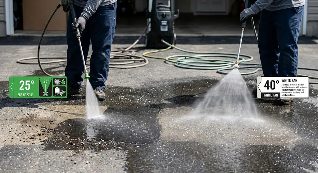 How to Clean an Asphalt Driveway: Safe PSI, Oil & Moss Removal 3 Comparison between 25-degree green nozzle and 40-degree white fan nozzle sprayed across an asphalt surface