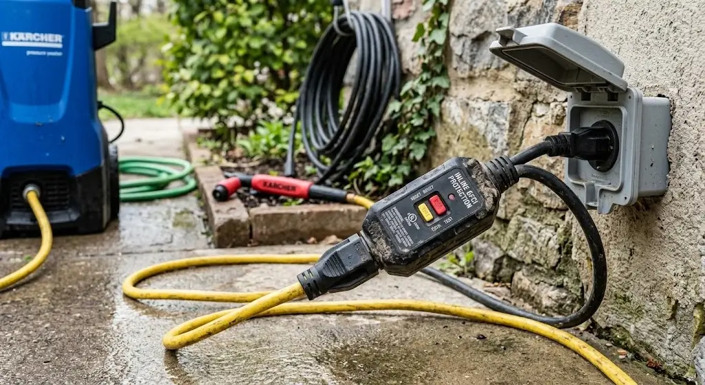 Close-up photograph of an inline GFCI plug attached to a heavy-duty pressure washer cord plugged into an outdoor waterproof receptacle