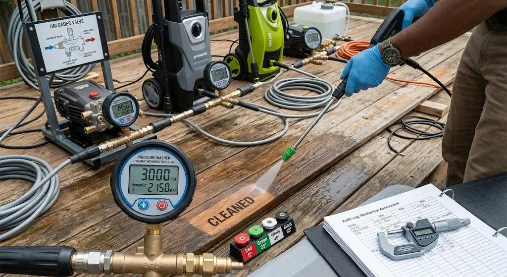 Benchmarking electric pressure washers on weathered cedar deck boards with inline digital pressure gauges