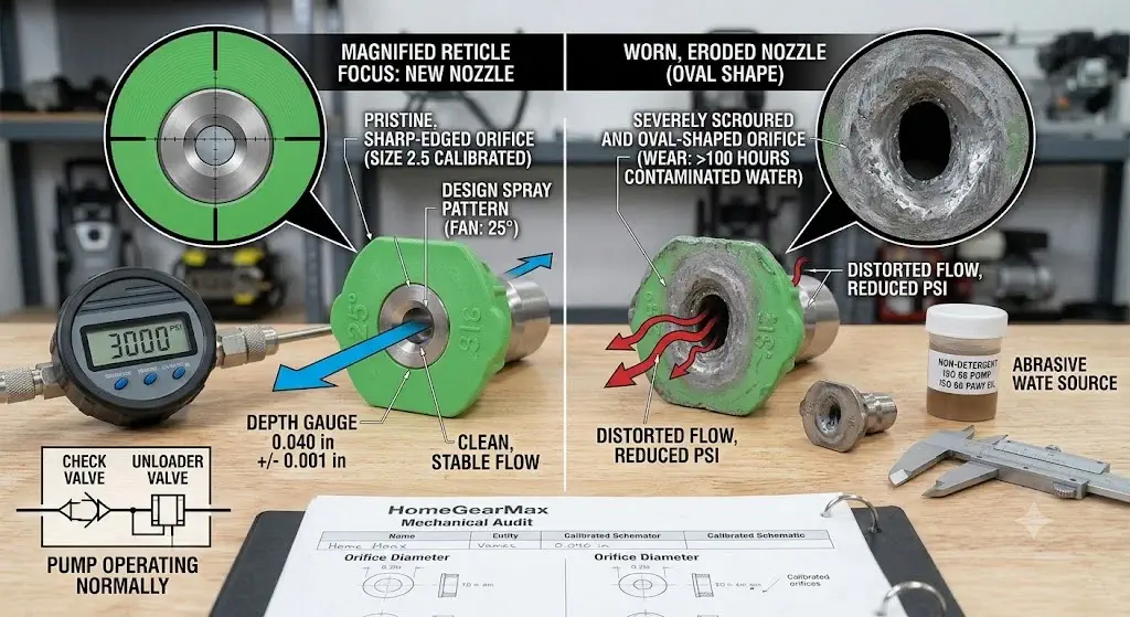 Pressure Washer Nozzle Maintenance: Cleaning & Wear Guide 3 Macro inspection of a new sharp pressure washer nozzle orifice compared to an eroded oval-shaped worn spray tip