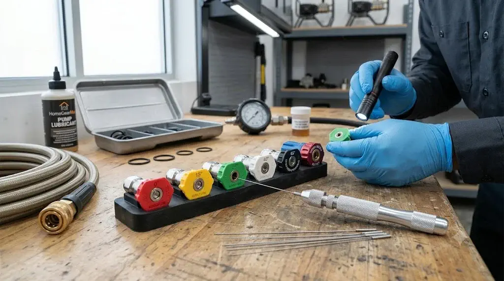 Pressure Washer Nozzle Maintenance: Cleaning & Wear Guide 2 A complete set of color-coded quick connect pressure washer nozzles and a precision wire cleaning probe on a workshop bench