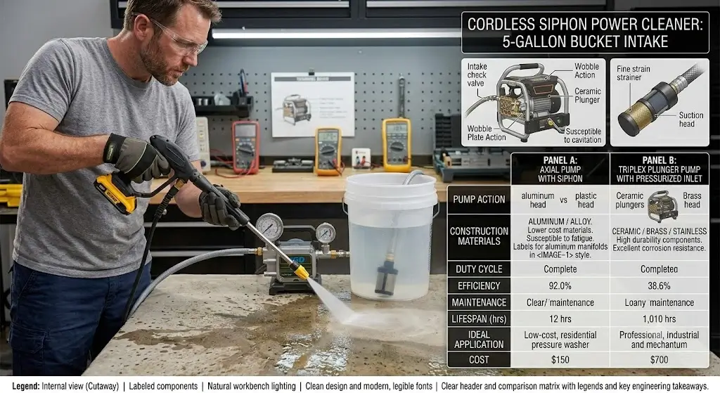 Cordless pressure washer drawing water from a 5-gallon bucket using a self-priming intake hose with a weighted filter strainer