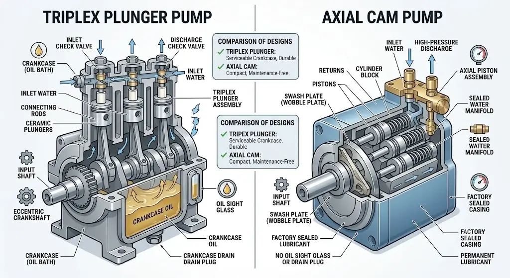 Cutaway diagram comparing a triplex plunger pump with visible oil crankcase against a sealed axial cam pump