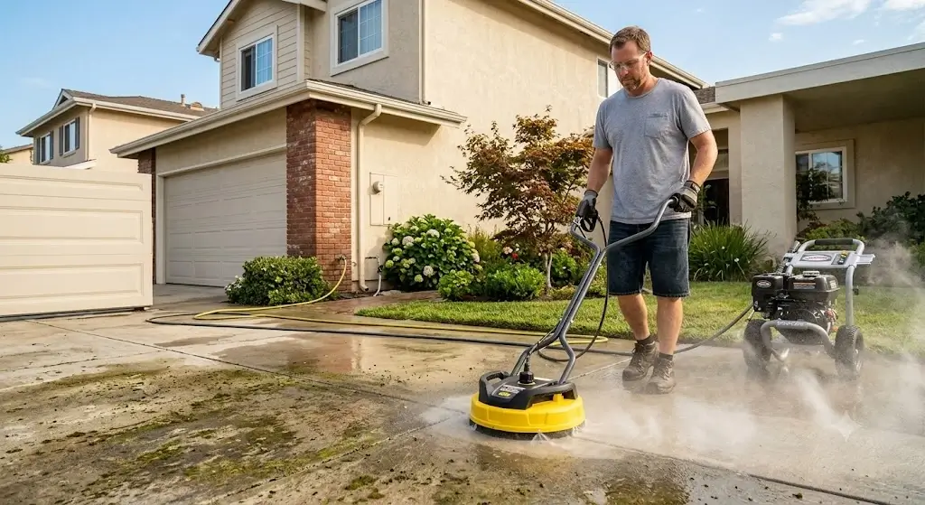 Homeowner using a 15-inch rotary surface cleaner attachment connected to a pressure washer on a concrete driveway