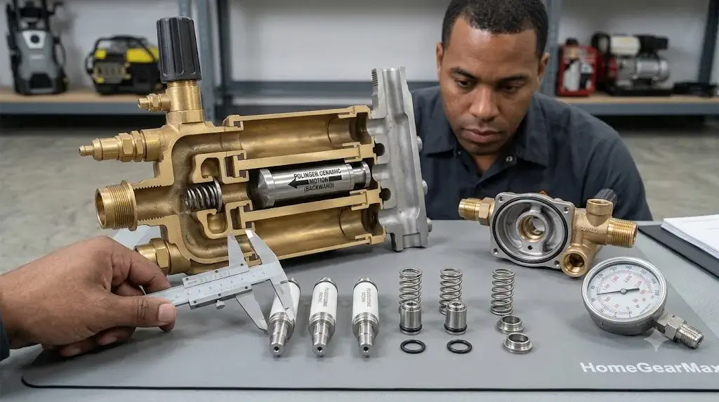 Pressure Washer Pump Troubleshooting: Low Pressure & Leaks 3 Disassembled pressure washer manifold showing stainless check valve poppets, O-rings, and spring retainers inspected on workbench