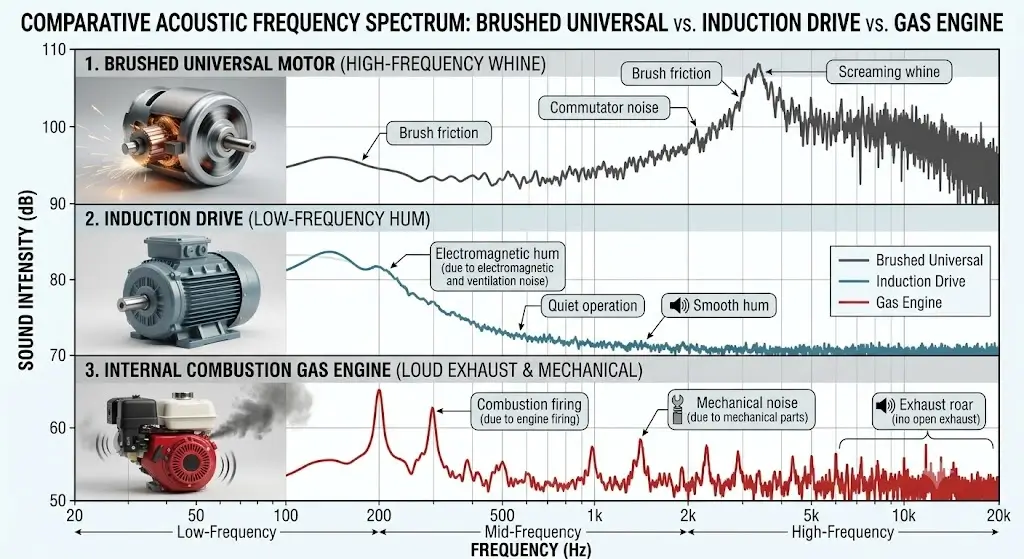 Are Pressure Washers Quiet? Noise Levels (dB) 3 Acoustic frequency spectrum chart comparing high-frequency brushed universal motors against low-frequency induction drives and gas engines