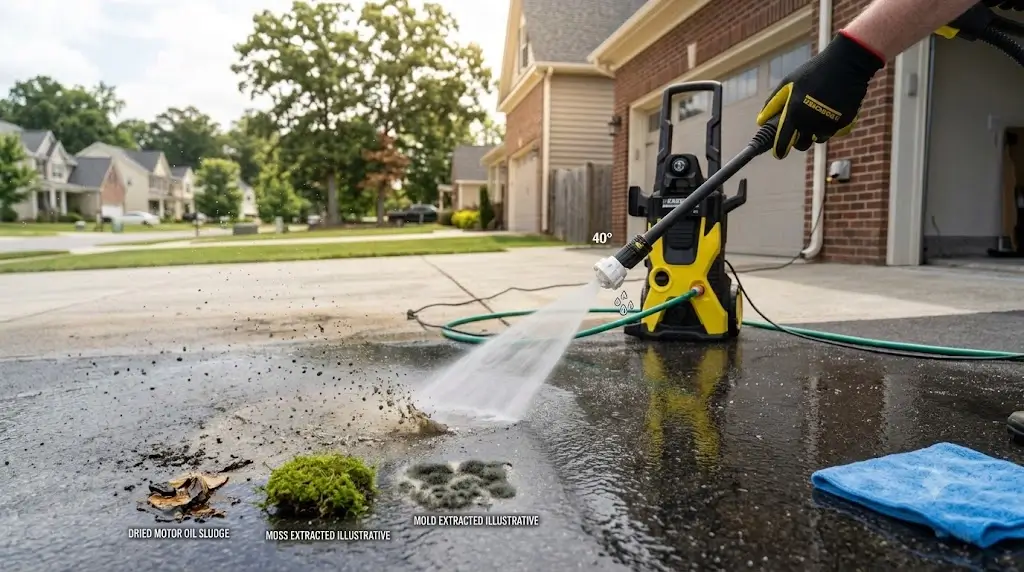 How to Clean an Asphalt Driveway: Safe PSI, Oil & Moss Removal 2 Residential asphalt driveway cleaning setup showing electric pressure washer, wide fan spray nozzle, stiff push broom, and degreaser