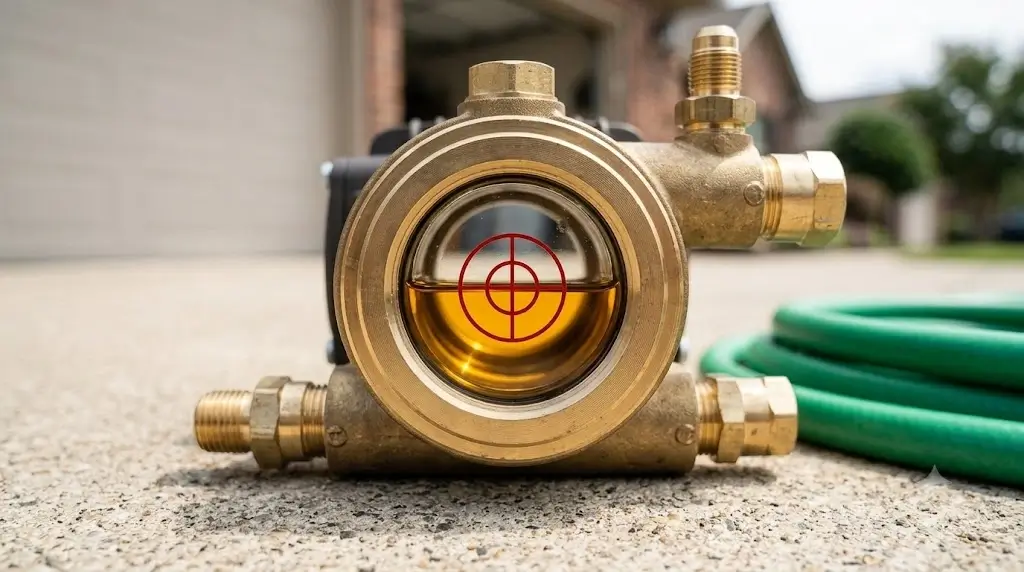 Close-up of a brass pump sight glass showing clean amber oil exactly halfway up the red indicator dot