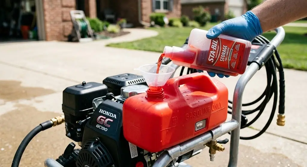 Pouring fuel stabilizer into a clean red gasoline tank on an outdoor pressure washer engine