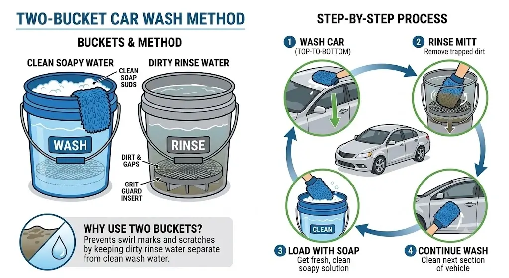 Diagram detailing two-bucket car wash method showing clean soapy water bucket, dirty rinse bucket with grit guard, and wash mitt rinse process