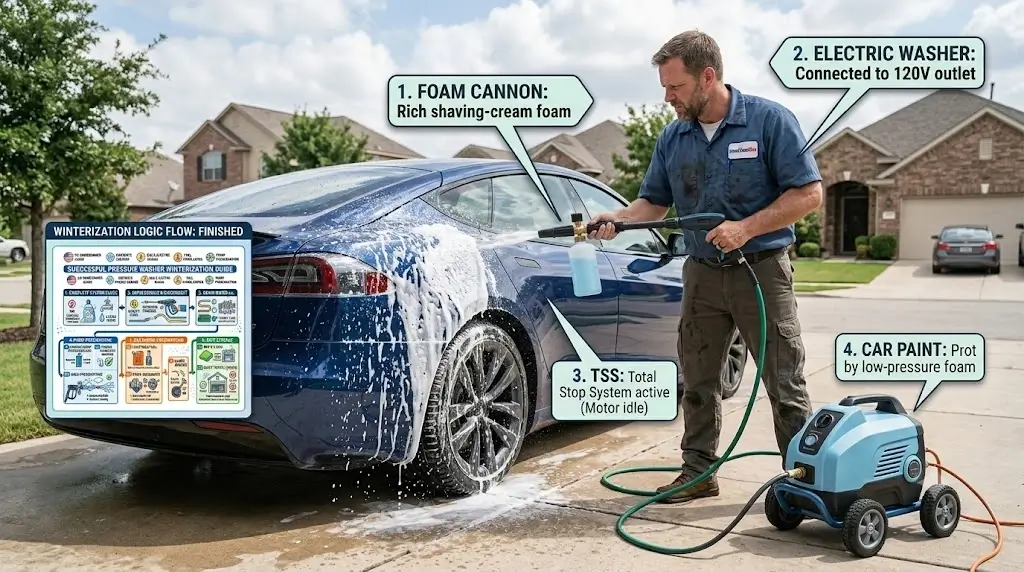 Are Electric Pressure Washers a Good Choice? (Pros & Cons) 2 Homeowner using an electric pressure washer equipped with a foam cannon to clean a vehicle on a driveway