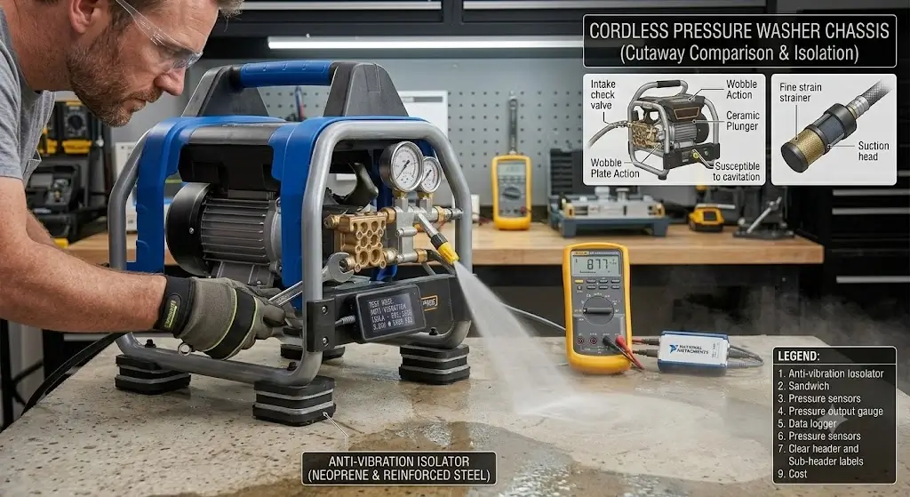 Are Pressure Washers Quiet? Noise Levels (dB) 5 Heavy-duty neoprene anti-vibration rubber isolator pads installed underneath a pressure washer steel frame