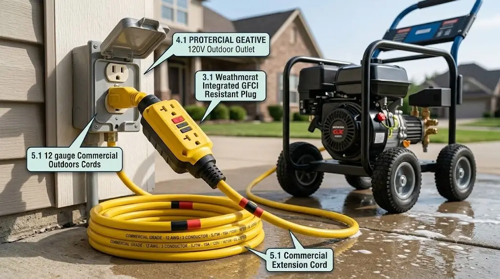 Are Electric Pressure Washers a Good Choice? (Pros & Cons) 3 Heavy-duty 12-gauge commercial outdoor extension cord with GFCI interrupter plug attached to an electric pressure washer
