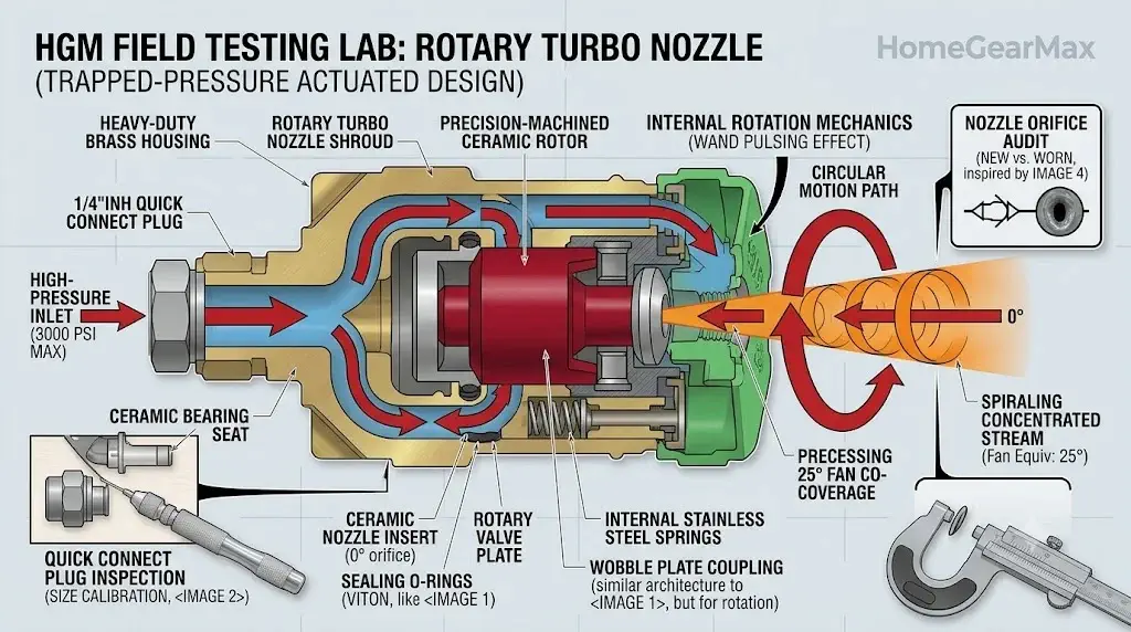 Pressure Washer Nozzle Maintenance: Cleaning & Wear Guide 5 Cutaway view of a rotary turbo nozzle showing internal ceramic rotor, brass housing, and circular motion path