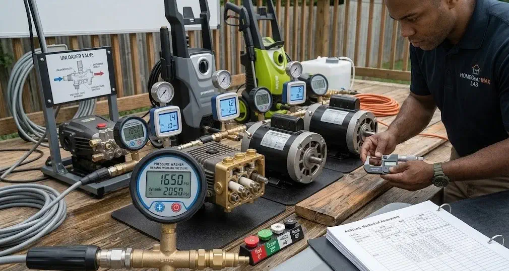 Testing the best premium electric pressure washers in our testing lab with calibrated gauges and flow meters