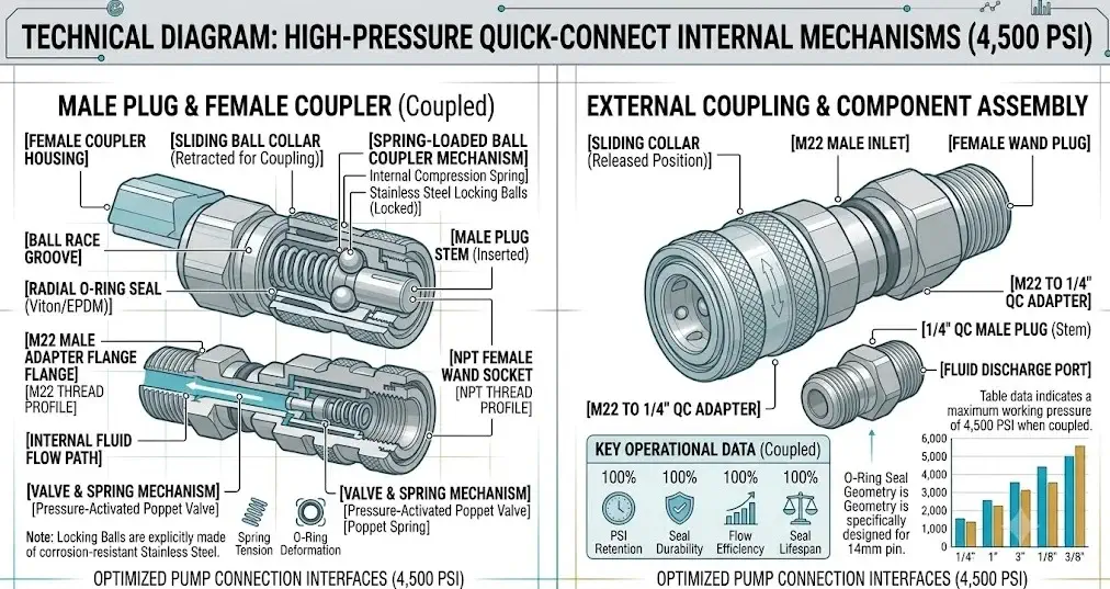 Technical diagram showing spring-loaded stainless steel locking balls, internal O-ring seal, and brass coupler sleeve of a pressure washer quick connect fitting