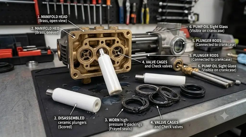 Disassembled triplex pressure washer pump showing ceramic plungers and worn high-pressure V-packings