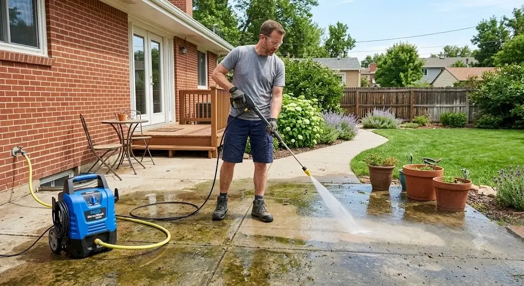 Homeowner using a versatile pressure washer with a 15-degree nozzle to clean a concrete patio and walkway