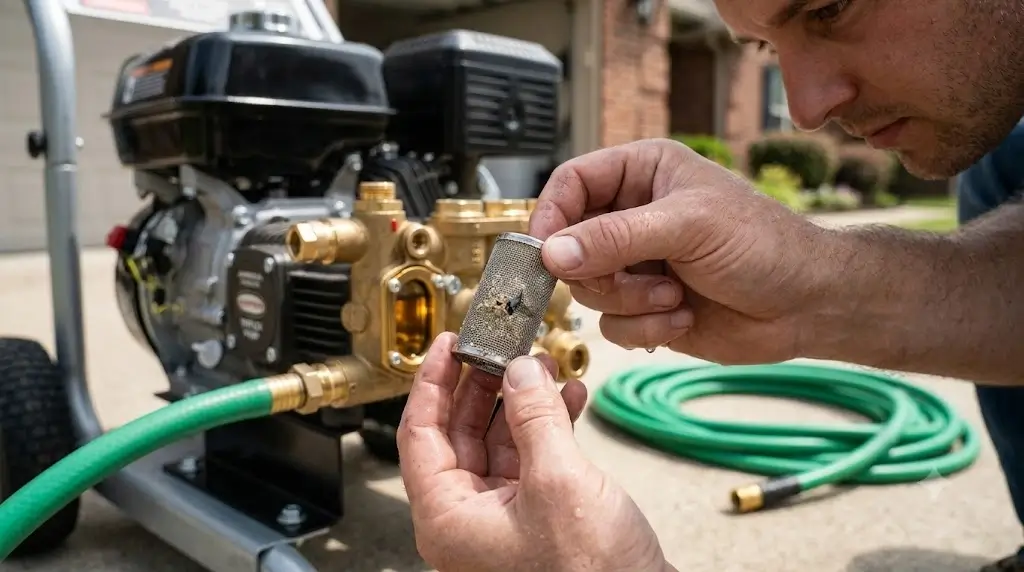 Close-up of removing and inspecting a stainless steel mesh water inlet filter screen from a brass pressure washer pump manifold