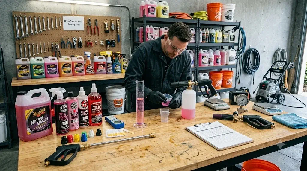 Laboratory testing lineup demonstrating how to choose the best car wash soaps for pressure washers across pH neutral shampoos and foam cannon formulas