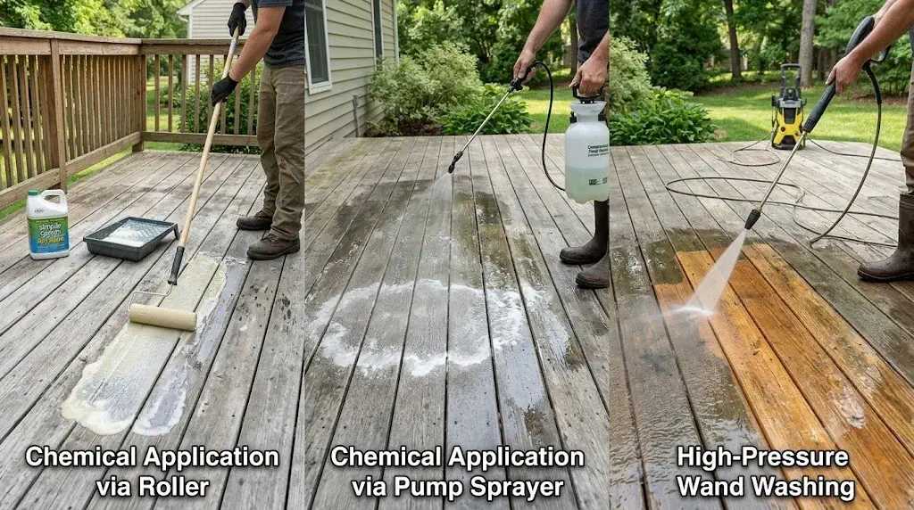 Visual comparison showing chemical application via roller and pump sprayer versus high-pressure wand washing across wood decking
