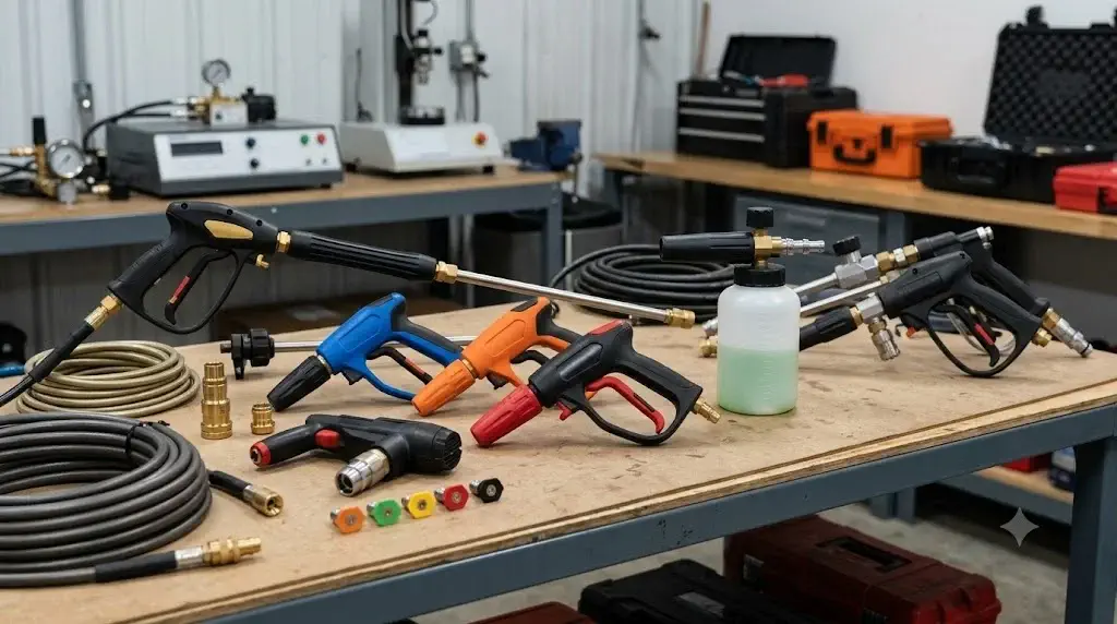 5 Best Pressure Washer Guns (2026): Lab Tested & Fitment 2 Laboratory testing lineup demonstrating how to choose a pressure washer gun across short, full-size, and commercial configurations
