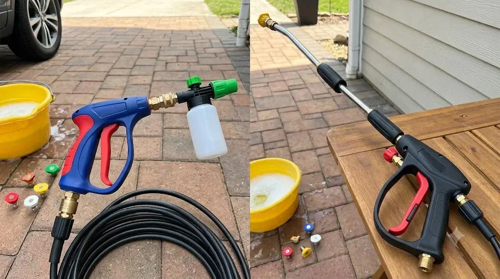 5 Best Pressure Washer Guns (2026): Lab Tested & Fitment 3 Visual comparison showing a short ergonomic spray gun for car washing versus a traditional full-size gun and wand for home siding