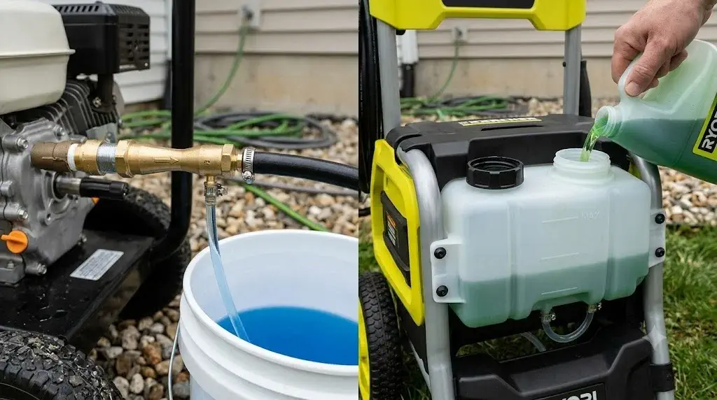 Visual comparison showing a downstream chemical injector assembly versus an onboard pressure washer detergent tank