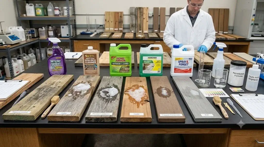 Laboratory testing lineup demonstrating how to choose the best deck cleaner across wood percarbonate formulas, composite washes, and brighteners