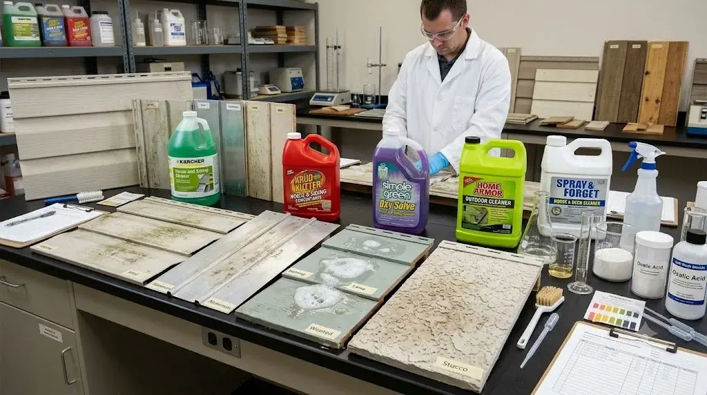 Laboratory testing lineup demonstrating how to choose the best house wash detergent across siding shampoos, downstream concentrates, and mold removers