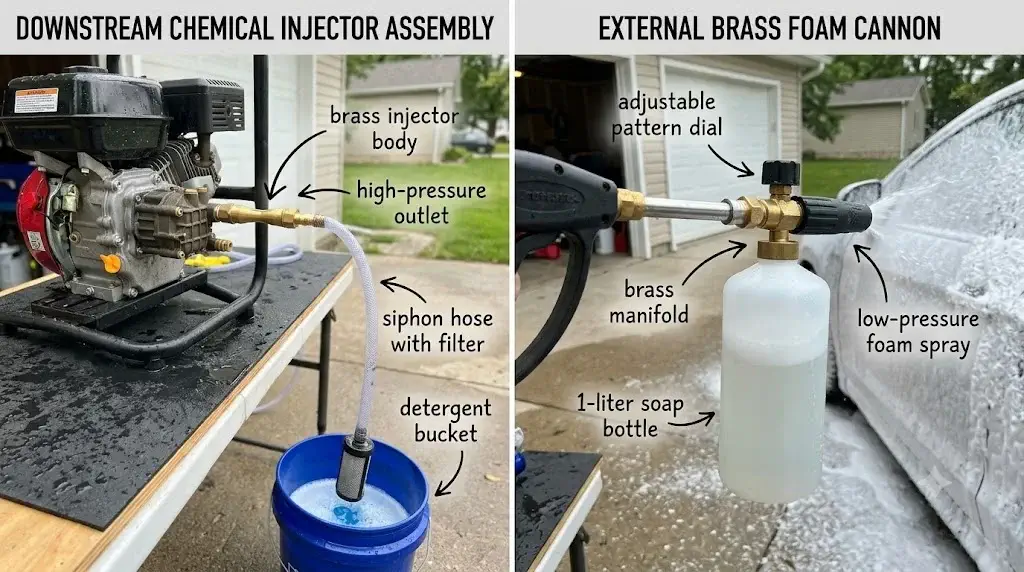 Visual comparison showing a downstream chemical injector assembly versus an external brass foam cannon