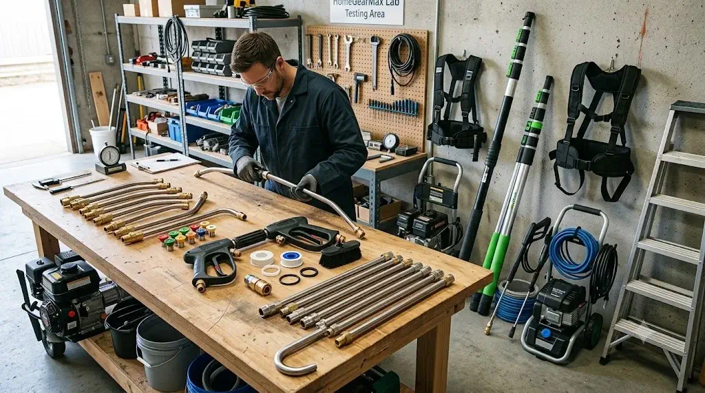 Laboratory testing lineup demonstrating how to choose the best gutter cleaner attachments across curved lances and telescoping wands
