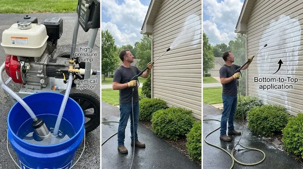 Step-by-step demonstration of how to use pressure washer detergent showing downstream siphon setup and low-pressure nozzle application