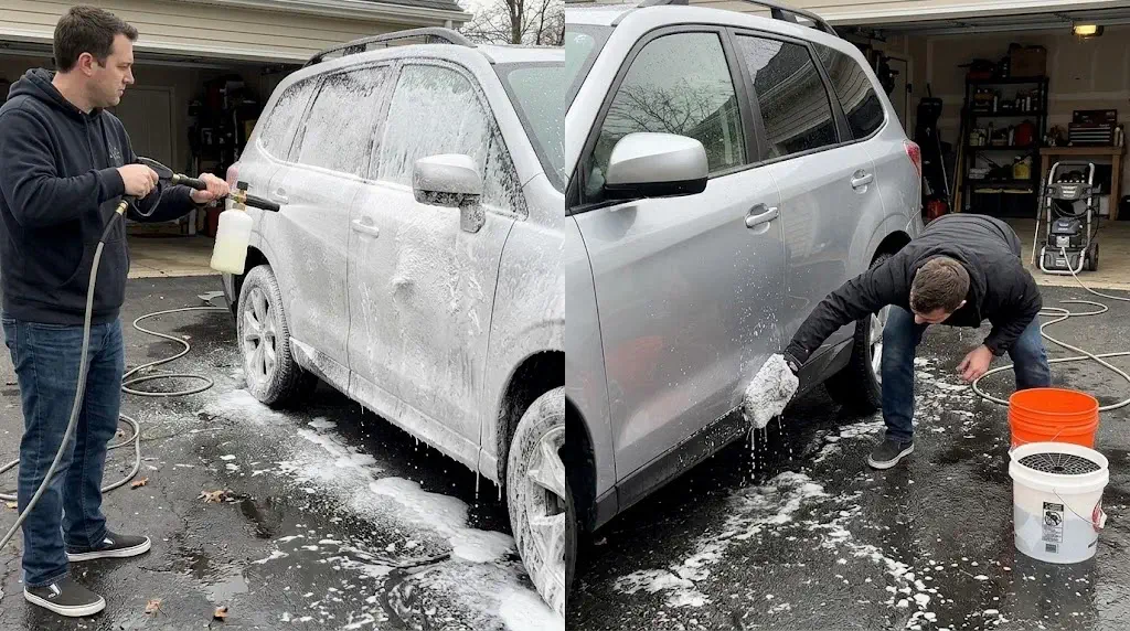 Visual comparison showing a foam cannon pre-wash blanket encapsulating dirt versus a traditional bucket wash using the best car wash soaps for pressure washers