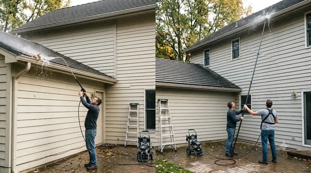 Visual comparison showing a short curved gutter cleaner attachment versus an extended telescoping pole on residential roof eaves